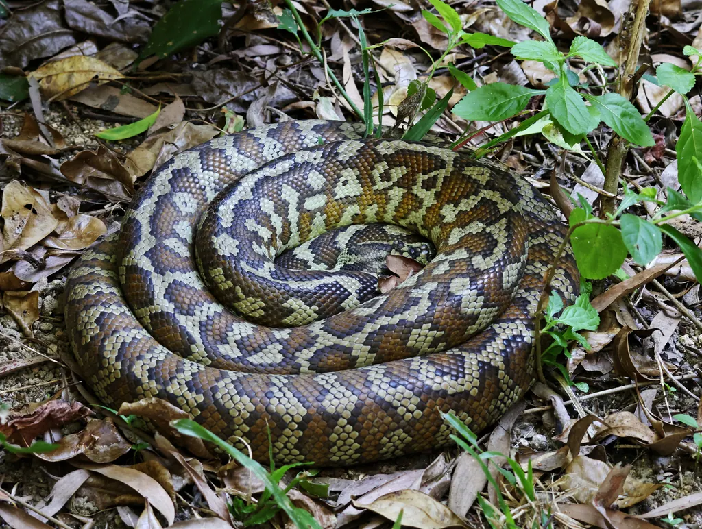 Carpet python, Morelia spilota cheynei, photographed in the wild near Cairns Queensland
