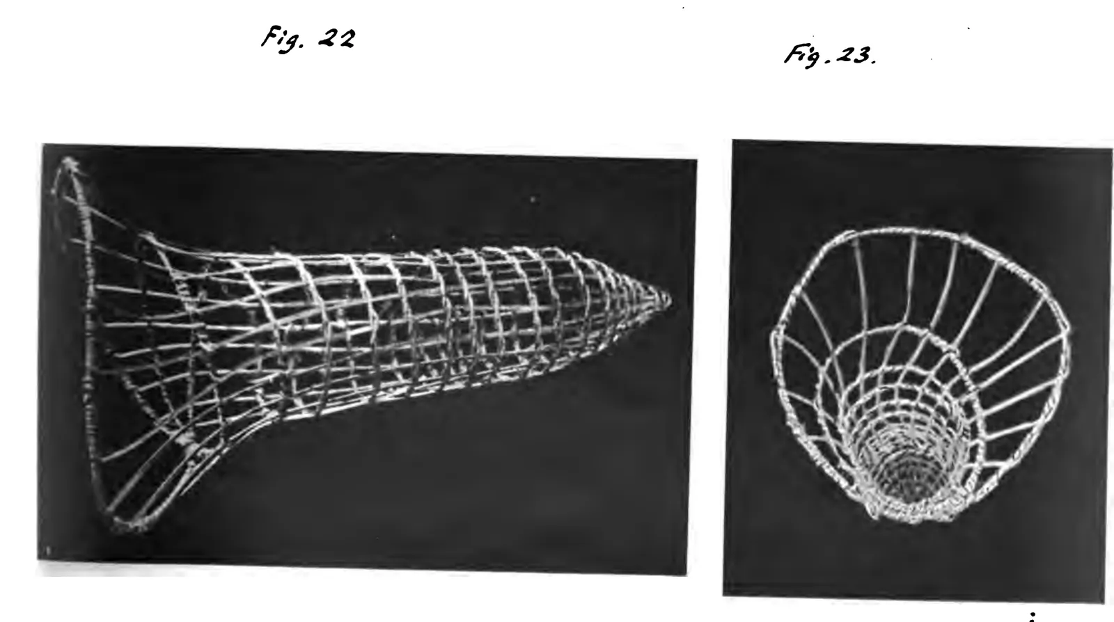 Two photographs of a long cylindrical cane trap with a flared hooded mouth and a pointed end, seen from the side and from the mouth